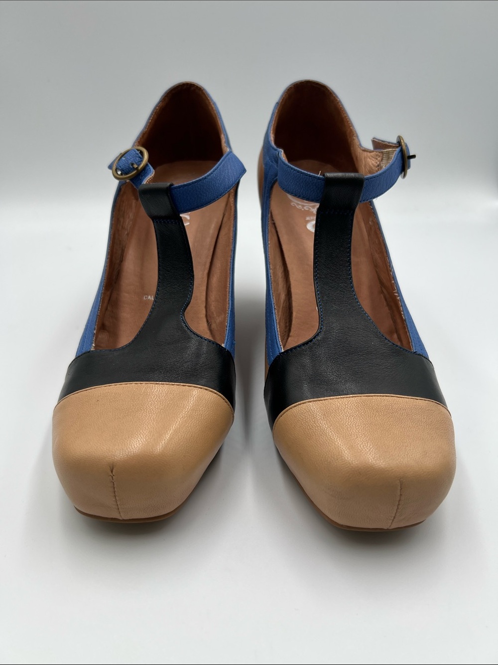 Jeffrey Campbell Darnell wedge t-strap shoe leather pump brown blue black 8 - Picture 4 of 6